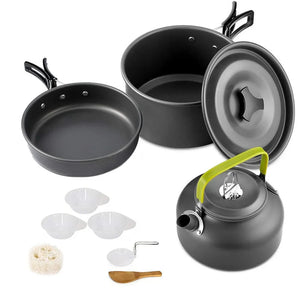Black-handle pot, pan and kettle with bowls, bamboo spatula, sponge and ladle