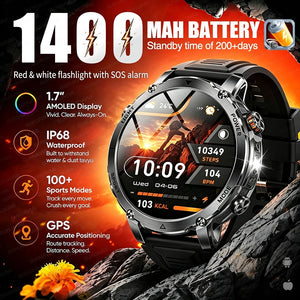 Rugged round smartwatch with black strap and silver bezel on dark rock with orange glow and feature icons