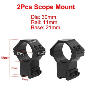 SteadyRing size chart: 30mm tube, 11mm dovetail rail, 21mm base, 55mm tall