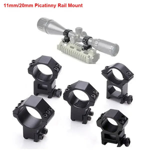 SteadyRing scope rings for 11mm dovetail and 20mm Picatinny rails, shown under a rifle scope