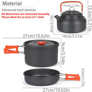 Size chart: kettle 14 cm wide, pot and pan 27 cm across with handles