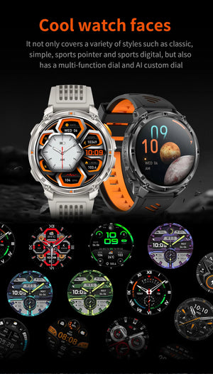 Silver smartwatch with grey-orange band and black smartwatch with black-orange band, plus dial options