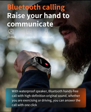 Bearded man raising wrist to talk on black smartwatch with black and orange band during a call