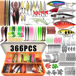 366-piece fishing lure kit with an orange tackle box and terminal tackle