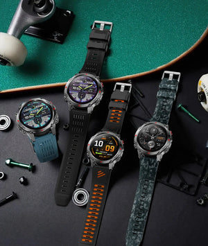 Four smartwatches with blue, black, black and orange, and blue camo bands on a dark table