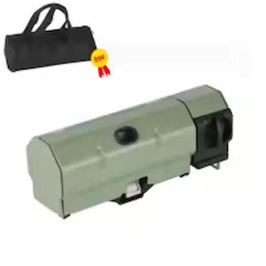 Green AdventureChef stove folded shut, with the black carry bag above it