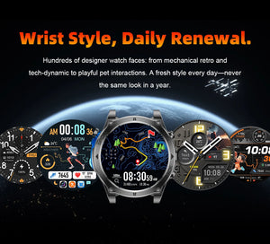 Row of five watch faces: analog, activity, topo map, hybrid and cartoon styles against Earth from space