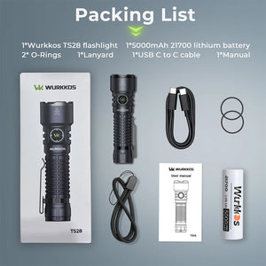 Packing list: black TS28 flashlight, 5000 mAh battery, USB-C cord, lanyard, 2 O-rings, manual