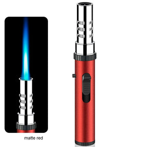 Matte red pen torch lighter with chrome tip, next to an inset of its blue jet flame