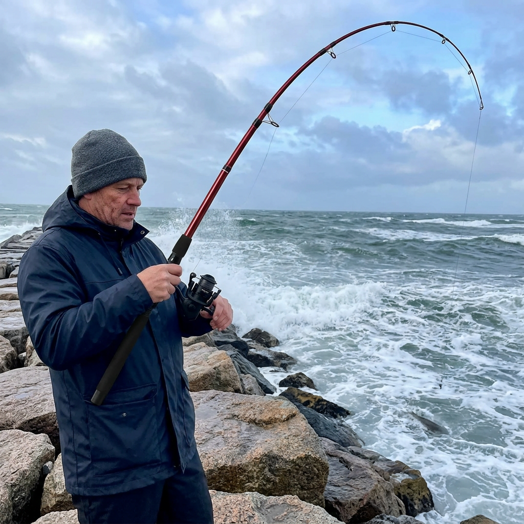Angler fishing from a rocky jetty with a bent telescopic fiberglass sea fishing rod
