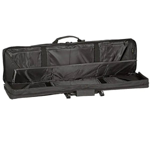 Black rifle case open, showing a padded divider and two long sections