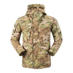 StealthForge hooded field jacket in tan and green multi-color camo with a flap over the front zip