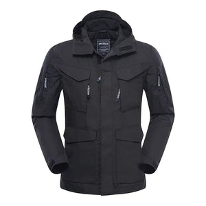 Black StealthForge hooded field jacket with chest and lower flap pockets and arm zip pockets