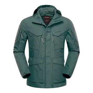 Green StealthForge hooded field jacket with arm patch panels and four front flap pockets