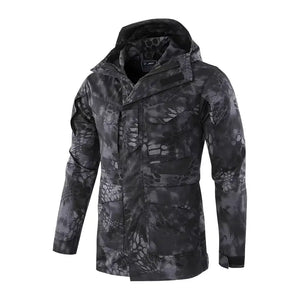 StealthForge hooded field jacket in black snake-print camo with four front flap pockets