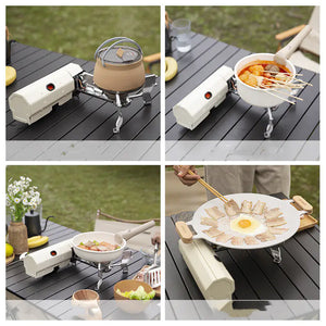Four shots of the white AdventureChef stove cooking with a kettle, a pot of skewers, a pan and a griddle