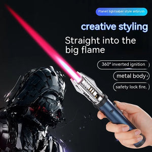 Hand holding a blue jet torch lighter with a pink-red flame beside a dark helmeted movie-style figure