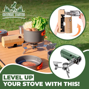 AdventureChef stove cooking a pot of greens on a camp table, with the Nature Tactic logo and fold-out insets