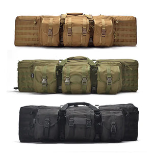 Soft rifle case in khaki, army green and black, each with three buckle pouches on the front