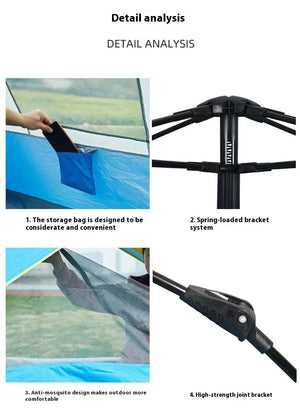 Tent details: inside storage pocket, spring-loaded frame, bug mesh, strong joint bracket