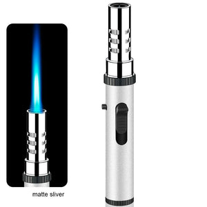 Matte silver pen torch lighter with chrome tip, next to an inset of its blue jet flame