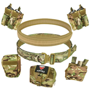 Always Ready belt set laid out: outer belt, inner belt, two double pouches, flap pouch, zip pouch, fold-up pouch