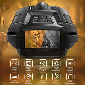 Back screen of the NightScope binoculars showing a deer half in color and half in night mode, above feature icons