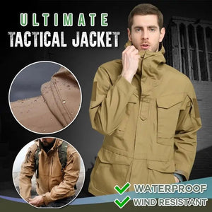 Khaki StealthForge field jacket worn with the hood up; ad text reads Ultimate Tactical Jacket, Waterproof, Wind Resistant