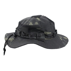 Night camo boonie hat, side view with mesh vent and chin cord