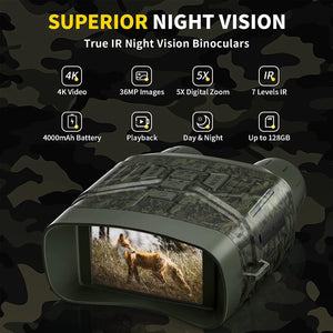 Camo night vision binoculars with feature icons for video, zoom, IR, battery and memory