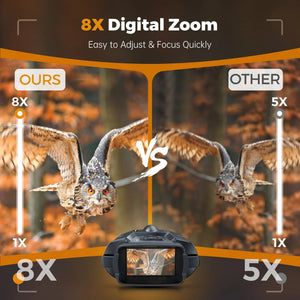 Owl in flight shown at 8x zoom next to a smaller 5x view, with the NightScope binoculars screen below