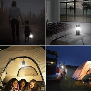 Four night scenes with a different pull-up lantern: a walk, a bedroom, a tent and a car campsite