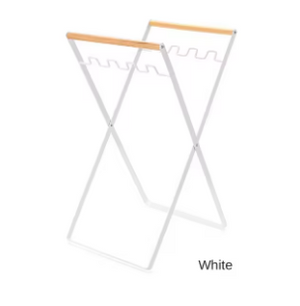 White folding trash bag stand with wood handles on a white background