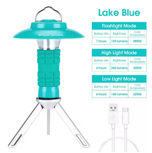 Sky blue mini lantern on its tripod with a mode chart and a Type-C charging cable