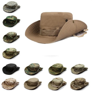 Tan TactShield sun hat with one side of the brim snapped up, shown with 13 more camo and plain colors