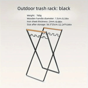 Black outdoor trash rack specs: 760 g, 1.5 cm wood handle, 2 mm iron, folds to 56.5 x 25 cm