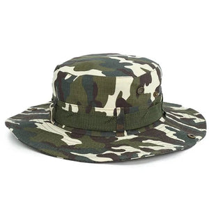 Light woodland camo sun hat in green, cream and brown