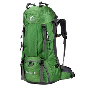 Green 60L hiking backpack with side compression straps and front zip pocket
