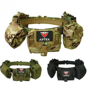 Always Ready MOLLE gear belt set with pouches in camo, green and black, each with a front patch