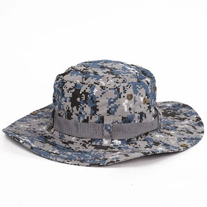 Blue and gray digital camo sun hat with a gray webbing band