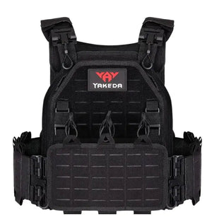 Black vest, front view, with laser-cut panels, side straps and a front flap