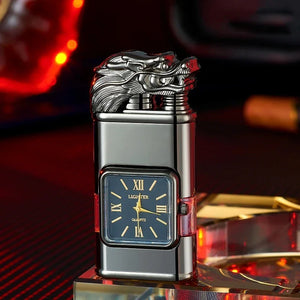 Dark silver lighter with a dragon head lid and black quartz watch face