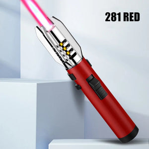 Smooth red jet torch lighter with a chrome head and gold rings, flame lit