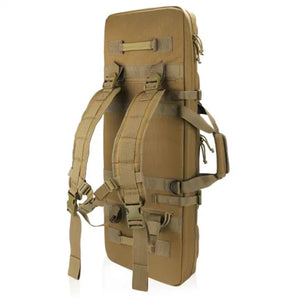 Back of a tan soft rifle case with padded backpack straps and a side handle