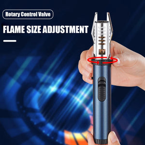 Hand turning the ring under the torch head to change flame size on a blue lighter