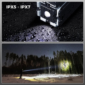 Wet light with a flashlight lens on top, IPX5 to IPX7 text; a person shines a beam into a snowy forest
