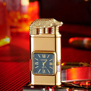 Shiny gold FlameGuard lighter with a crocodile lid and black quartz watch face