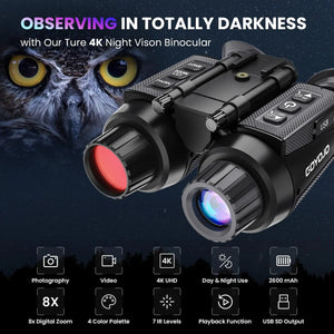 NightHawk 3D night vision goggles with an owl behind them, above icons for 4K, 8x zoom, 7 IR levels and 2600 mAh