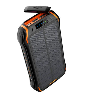 Solar power bank with orange trim, port cover open to show two USB ports and a USB-C port