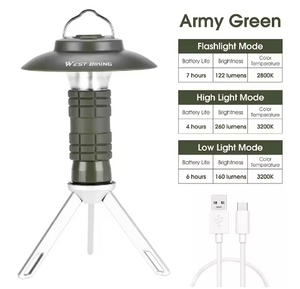 Dark green mini lantern on its tripod with a mode chart and a Type-C charging cable
